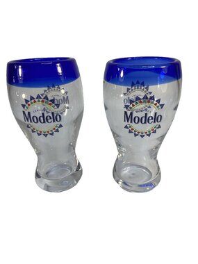 Pair Modelo Cerveza Pint Hand Blown Heavy Pilsner Style Beer Glasses Barware
